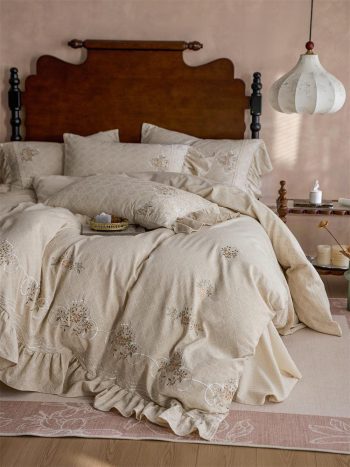 Beige Floral Embroidered Bedding Set