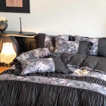 Black Floral Ruffle Bedding Set