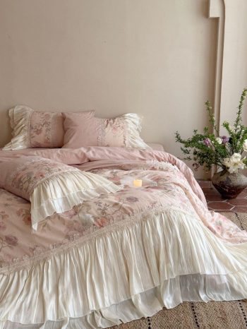 Pink Floral Ruffle Bedding Set