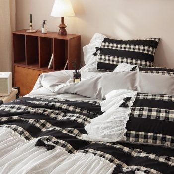 Black Plaid Lace Bedding Set