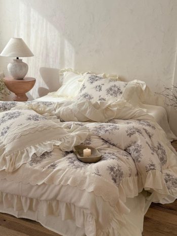 Gray Floral Ruffle Bedding Set