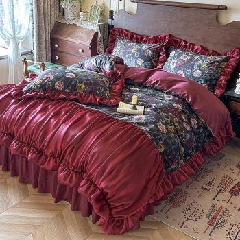 Burgundy Floral Ruffle Bedding Set